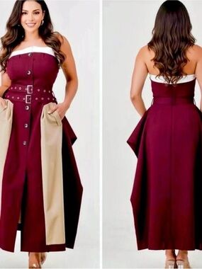 Strapless Trench Double Belt Detail Midi Dress